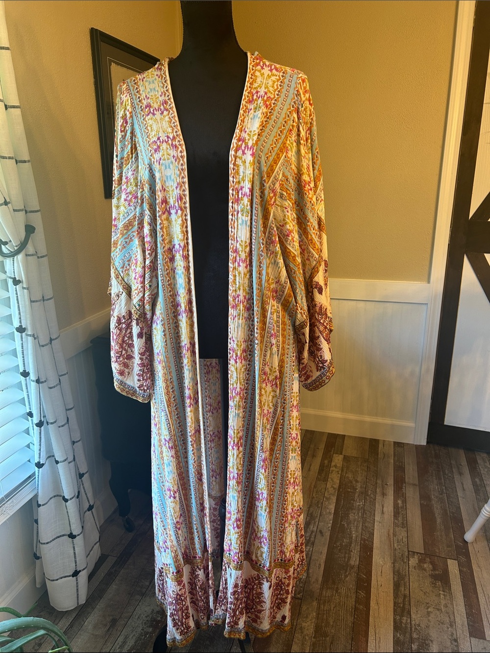 Angie Multicolor Floral Stripe Open-Front Duster